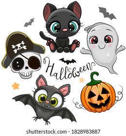 Set of Cute Halloween illustrations and design elements with batl, black cat and goat