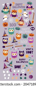 Set of Cute Halloween illustrations and design elements with owl, magic hat, broom, spider web, pumpkin, skull and ghost