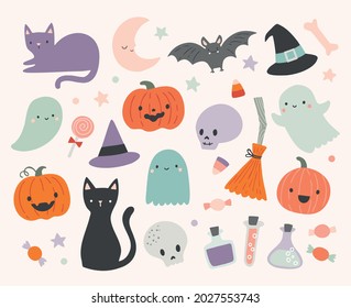 Set of cute Halloween illustrations including ghosts, cats, bats, pumpkins, candy. Fun halloween elements for kids.  