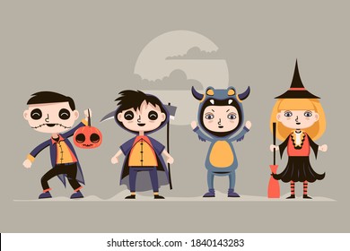 Set of Cute Halloween Kid Character with Costume Vector Illustration