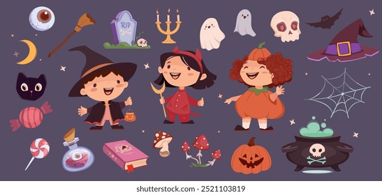 Conjunto de crianças bonitas do Halloween. Adoráveis crianças em trajes engraçados e assustadores de bruxa, diabo e abóbora. Truque ou deleite. Adesivos de Halloween. Coleção de ilustrações de vetor plana isolada no plano de fundo