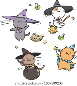 Set of cute halloween magicians cats vector