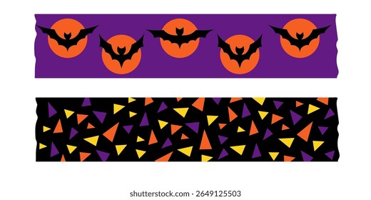 Set of cute Halloween masking tape strips in purple orange and black with spooky elements like bats spiders and pumpkins. Vector borders for crafts scrapbooking packaging and holiday decoration.