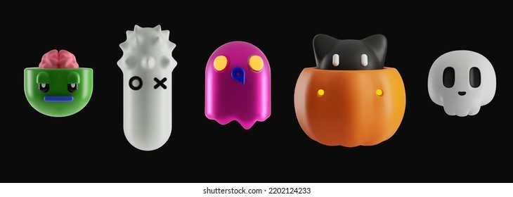 A set of cute Halloween monsters. Funny 3d characters in trendy plastic style. Vector illustration with a skull and pumpkin cast