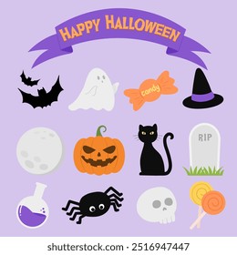 El conjunto de lindos objetos y personajes de halloween. Diseño de decoraciones de Ilustración vectorial para la celebración de Halloween.