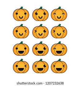 Set of cute Halloween orange pumpkins with funny faces emotion. Isolated on white background. Lovely cartoon icon character design vector.