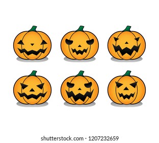 Set of cute Halloween orange pumpkins with funny faces emotion. Isolated on white background. Scary cartoon icon character design vector.