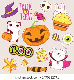 Set of cute Halloween party icons in kawaii style. Polar bear in costume of the vampire, rabbit with cake, hat of the witch, pumpkin, skull, candy. EPS8