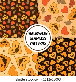 Set of cute Halloween patterns. Hearts with scary smiles for greeting Halloween cards, gift boxes, fabrics, wallpapers, web design.