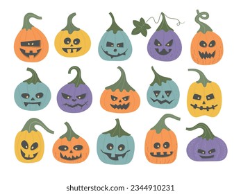 Set of cute Halloween pumpkin candles. Bright carving ghost faces for party, event, card, banner, invitation.