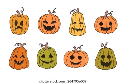 set of cute halloween pumpkin doodle with faces