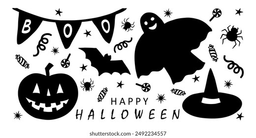 Set of cute Halloween pumpkin, ghost, bat, spider and witch hat. Black stencil silhouette isolated on white, hand drawn vector clipart, doodle style. Traditional decoration, baby holiday design.