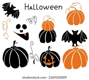Set of cute Halloween pumpkins, bat, ghost,  hand written  word Halloween in black and orange colors for Halloween  party decoration.