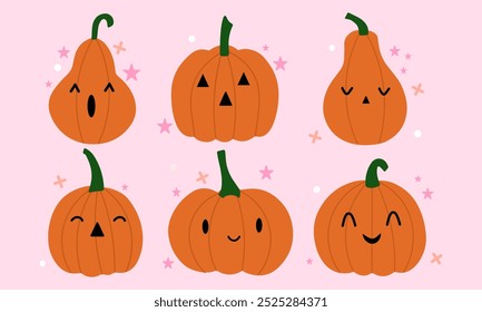 Set of cute Halloween pumpkins clipart. Pumpkins with different faces for festive decorations. Kids Holidays character in flat style collection.