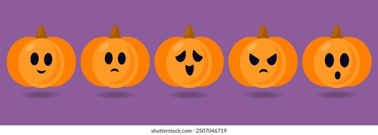 Set of cute Halloween pumpkins with different emotions. Smiling, happy, angry, disappointed, scared, touched faces pumpkins.