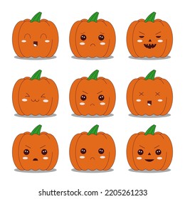 Un conjunto de calabazas lindas de Halloween con caras graciosas, graciosas, aterradoras, sombrías, aterradoras. Calabazas naranjas con ampollas, emociones kawaii