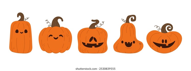 Set of cute Halloween pumpkins isolated on white background. Vector illustration in flat style for your design.