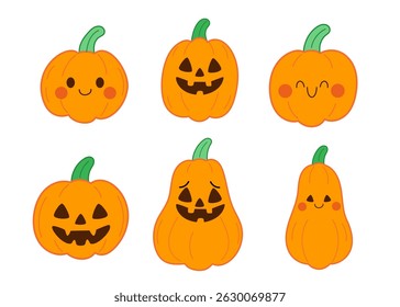 Set of cute Halloween pumpkins with smiling faces vector illustration. Flat pumpkin icons for Halloween, autumn decor, and children’s designs.