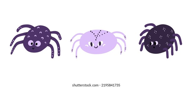 Juego de lindas arañas de Halloween. Caricatura sonriente colección arácnida. Caracteres graciosos de la tarántula. Felices insectos cómicos de Helloween. Ilustración vectorial plana aislada en fondo blanco