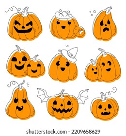 Juego de lindos personajes de calabaza espeluznantes de Halloween, estilo de línea dibujada a mano