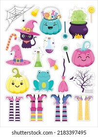 Set of cute Halloween stickers. Autumn time. Vector illiustration. Sticker design.Cartoon style.