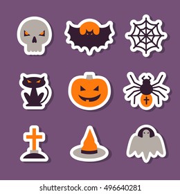 Set of cute Halloween stickers. Colorful flat icons. Vector Illustration. Halloween Concept.