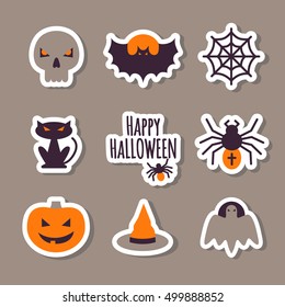 Set of cute Halloween stickers. Colorful flat icons. Vector Illustration. Halloween Concept.