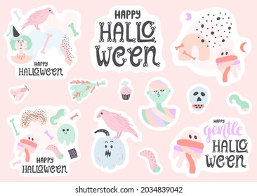 Set of cute Halloween stickers in pastel colors. Pretty doodle illustrations - witch, ghost, mummy, pumpkin, raven, scull. With hand-drawn text - happy Halloween. 