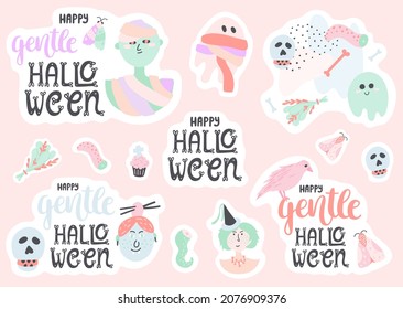 Set of cute Halloween stickers in pastel colors. Pretty childish doodle illustrations with hand-drawn text. 