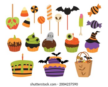 Set of cute halloween sweets. Collection of creepy cupcakes and pops  with witch hat, pumpkin, eyeball, etc. Trick or treat. Happy scary candys. Vector illustration of fun halloween buscket.