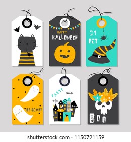 Set of cute Halloween tags. Vector hand drawn illustration.
