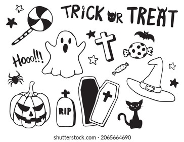 set of cute Halloween trick or treat cartoon doodles