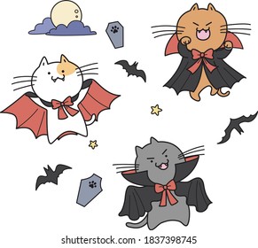 Set of cute halloween vampires cats vector. Cartoon cats dressed with vampire costume.