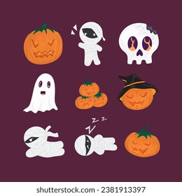 set of cute halloween vector element, flat halloween element, spooky and naughty pumpkin with cute mummy