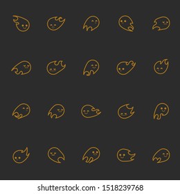 Set of cute Halloween vector ghosts. Set of 20 unique shaped yellow Halloween ghosts. Outline design. 