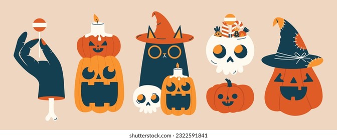 Set of cute Halloween vector illustrations. Stickers with black cat in witch hat, skull with candies, evil pumpkins, hand with bone. Happy Halloween concept. Funny, quirky cliparts with characters.