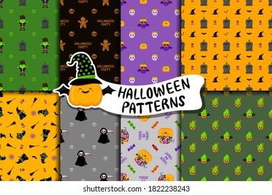 Set of cute Halloween vector patterns in cartoon style. Kawaii characters, funny holiday symbols. For fabrics, decorative wrapping paper, backgrounds, flyers, textiles.