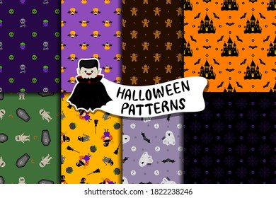 Set of cute Halloween vector patterns in cartoon style. Kawaii characters, funny holiday symbols. For fabrics, decorative wrapping paper, backgrounds, flyers, textiles.