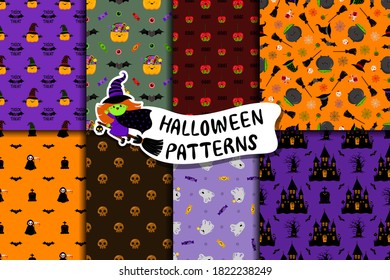 Set of cute Halloween vector patterns in cartoon style. Kawaii characters, funny holiday symbols. For fabrics, decorative wrapping paper, backgrounds, flyers, textiles.