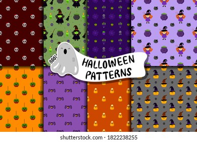 Conjunto de lindos patrones vectoriales de Halloween en estilo de dibujos animados. Personajes de Kawaii, graciosos símbolos festivos. Para telas, papel decorativo de envoltura, fondos, volantes, textiles.