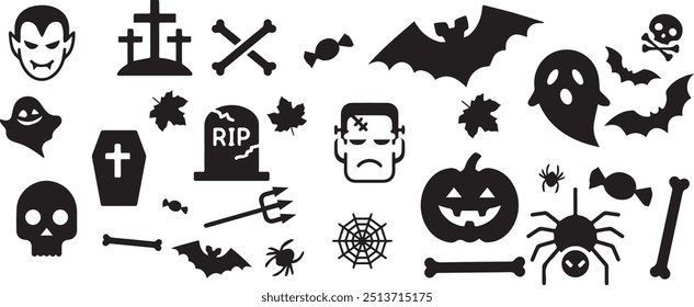 Conjunto de vetor de Halloween bonito (zumbi, vampiro, morcego, fantasma, cemitério, aranha, etc.) ilustração stock