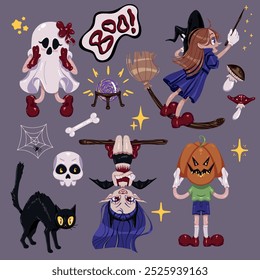 A set of cute Halloween-themed vector stickers. Cartoon vector illustration of a ghost, a witch on a broomstick, a vampire bat girl, a jack-o-lantern, cat, skull, spider, web, mushrooms, magic orb	