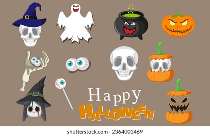 Juego de adorables símbolos de hallowen color completo. Uso para banner, fondo de la temporada navideña de otoño, caramelos divertidos, guirnaldas, fantasma, globo ocular, caramelos temerosos, cráneo, caldero de poción. Cartel de promoción de vectores