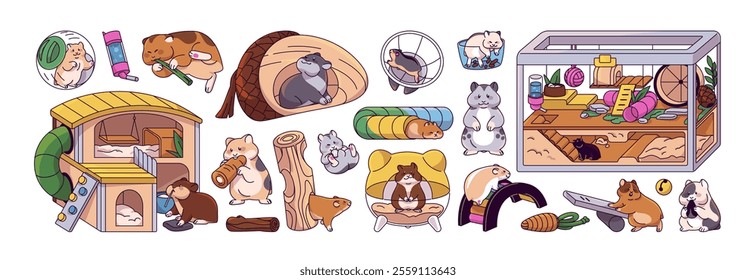 Set of cute hamster equipment. Different rodents' supplies: toys, cage, house, wheel, feeder, tunnels. Little pets' care accessories, items. Flat isolated vector illustrations on white background