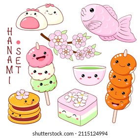 Set of cute hanami season dessert icon in kawaii style with smiling face and pink cheeks. Japanese traditional cuisine dishes. Taiyaki, hanami dango, dorayaki, matcha, castella cake. Vector EPS8 