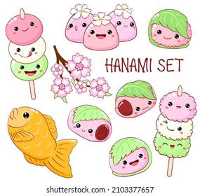 Set of cute hanami season desserts icons in kawaii style with smiling face and pink cheeks. Japanese traditional cuisine dishes. Taiyaki, sakura mochi,  hanami dango. Vector EPS8  