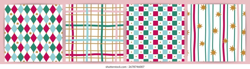 Set of cute hand draw christmas seamless pattern with stars. Simple geometric background of festive carnival ornament. Fabric textile print. Surface cover wrapper design.