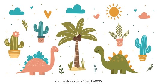 Set of cute hand draw dinosaurs, cacti, palm trees, and sun in tropical jungle. Kids' pattern illustration. Childrens cute animals background