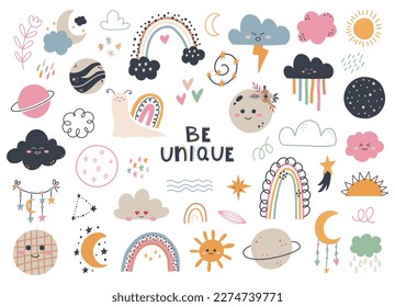 Set of cute hand draw rainbow, sun, cloud, star, weather in boho style. Cartoon doodle clipart elements for nursery. Design for shower invitation card, birthday, children's party, book cover, poster