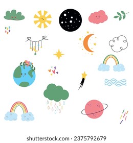 Set of cute hand draw rainbow, sun, cloud, star, weather in boho style. Cartoon doodle clipart elements for nursery.